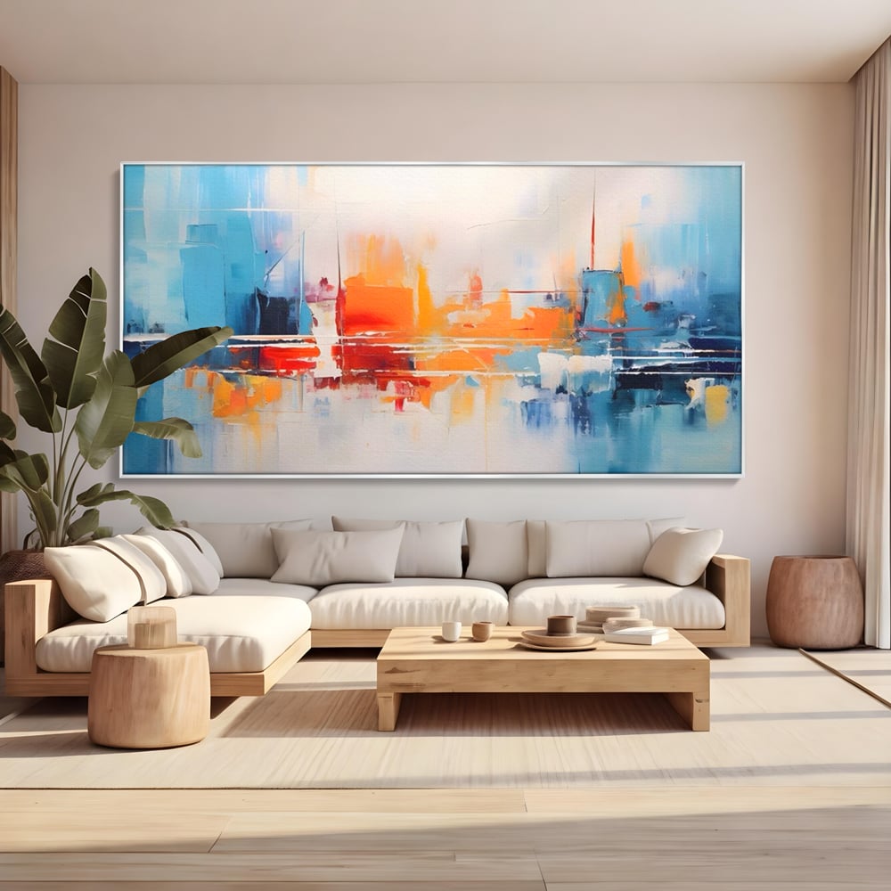 Tablou canvas cu pictura abstracta cu peisaj urban, in rama de aluminiu argintiu, pe perete intr-un living